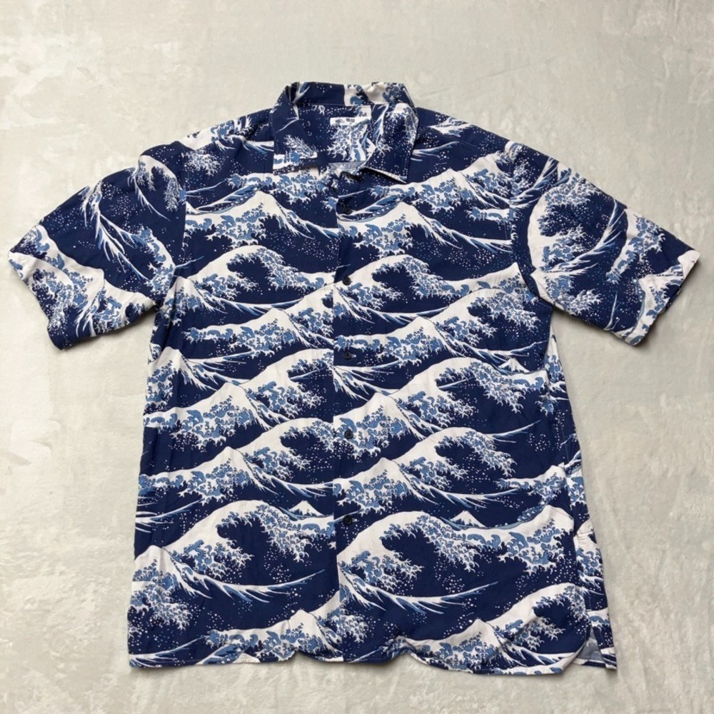 Uniqlo Hokusai Great Wave Kanagawa Open Collar Shirt Button Up Blue Men Medium